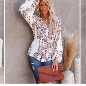 Wrapped blossoms button down tie blouse